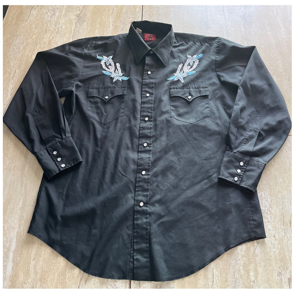 Chute #1 Western Shirt Mens 17-34 Black Pearl Snap Horseshoe Embroidery